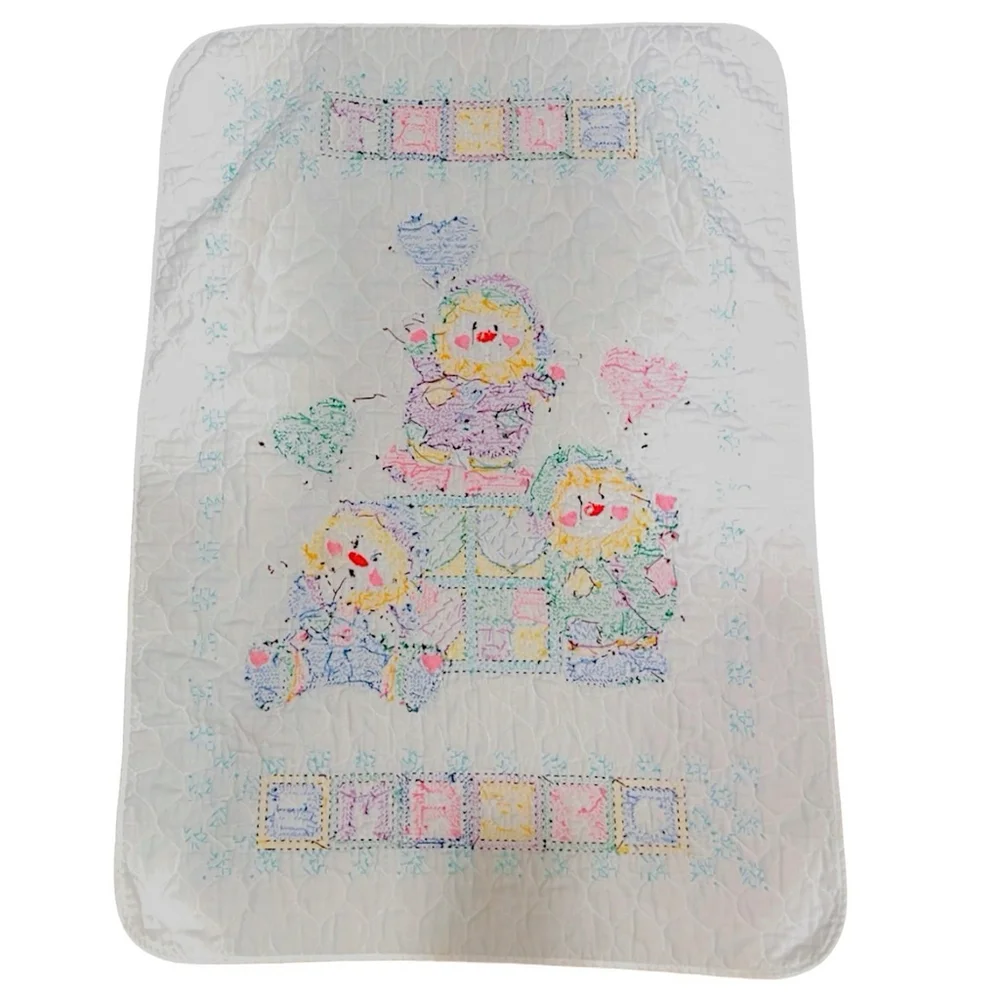 Vintage Clowns Cross Stitch Baby Quilt Sweet Dreams Balloons Handmade 28